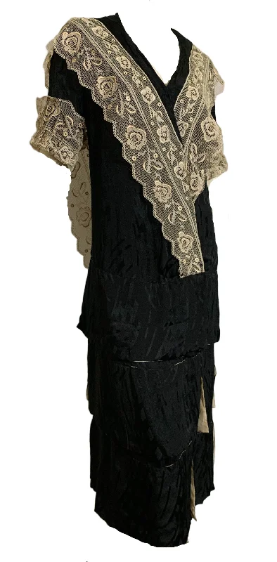 Black Silk Dropped Waist Dress with Wide Lace Trim circa 1920s Lace Dress Perfect