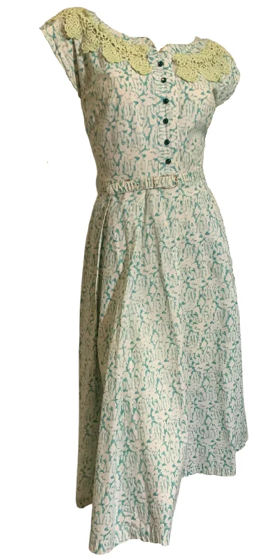 Aqua and Green Abstract Print Lace and Rhinestone Trimmed Dress circa 1950s Tiered Lace Gown