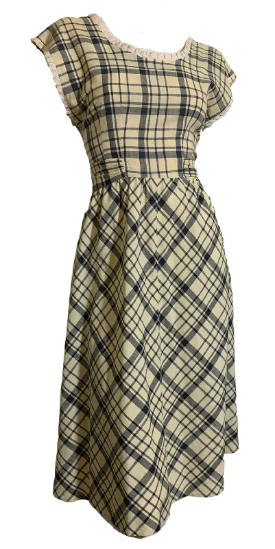 Sunlight Yellow and Blue Checked Cotton Dress with Lace Trim and Low Button Back circa 1940s Lace Evening Dress