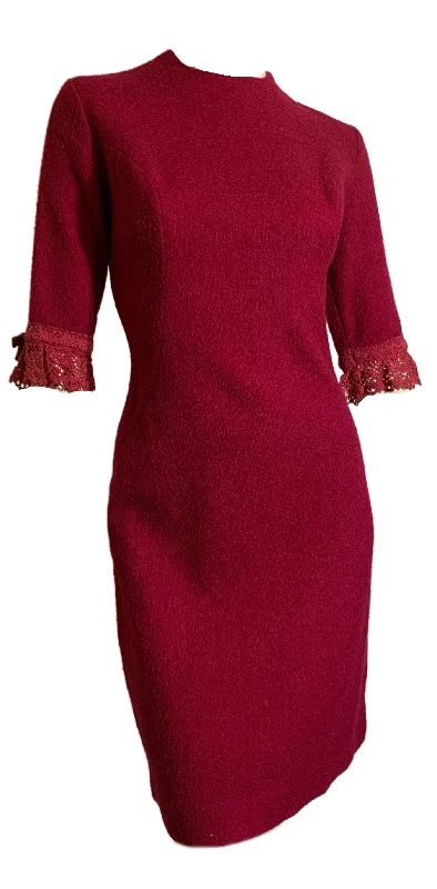 Raspberry Textured Wool Sheath Dress with Lace Cuffs circa 1960s Vintage Lace Gown