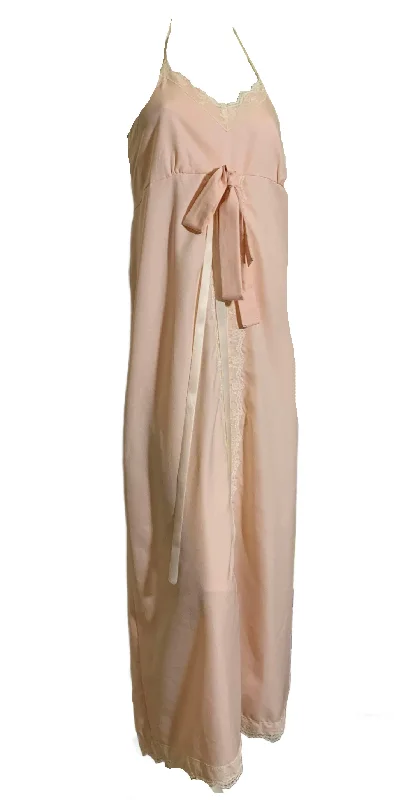 Demure Pale Peach Crepe Poly Halter Dress with Lace Trim circa 1970s Lace Mini Dress