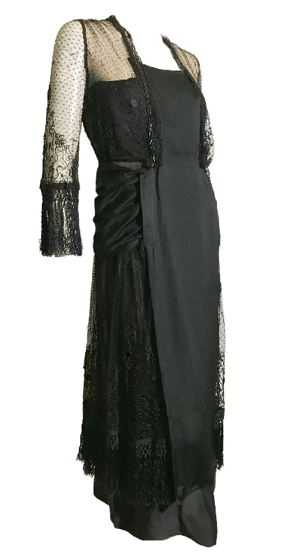 Elaborate Ink Black Silk Formal Dress with Beading Lace and Long Fringe circa 1910s Classic Lace Dress