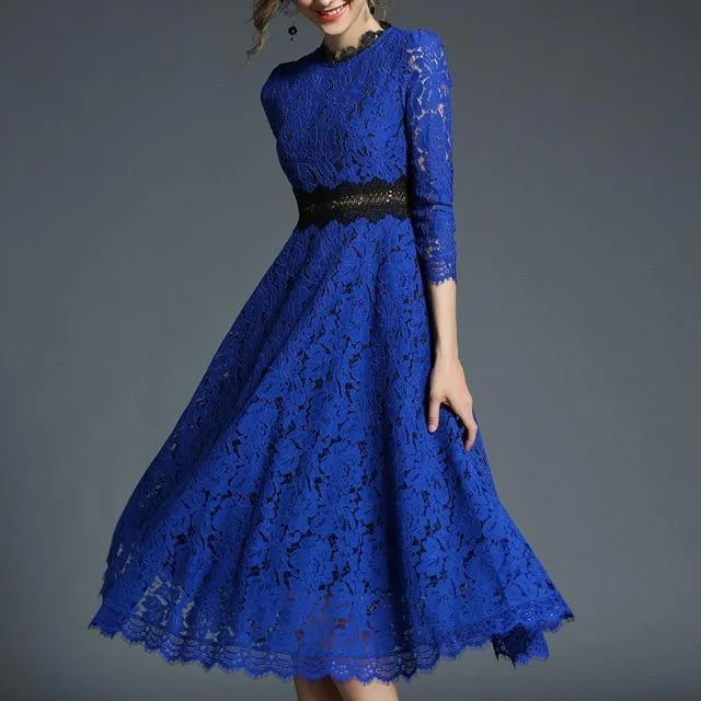 Women's Luxury Runway Dress – Elegant Spring Blue & Khaki Lace Patchwork Long Dress Lace Fit-and-Flare