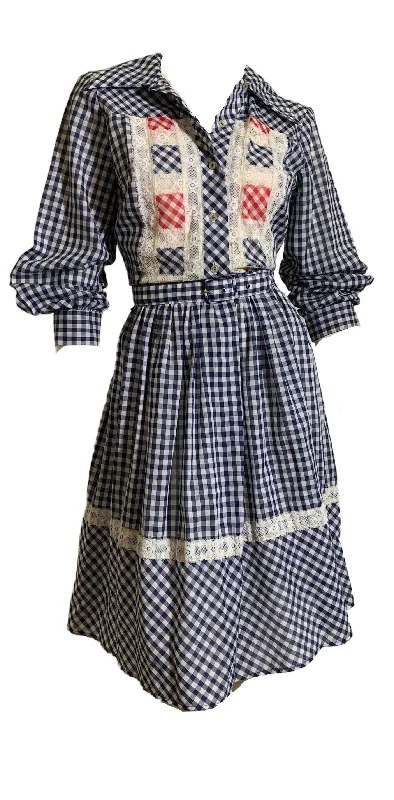 Blue and White Gingham Cotton Lace Trimmed Dress circa 1970s Lace Dress Glow