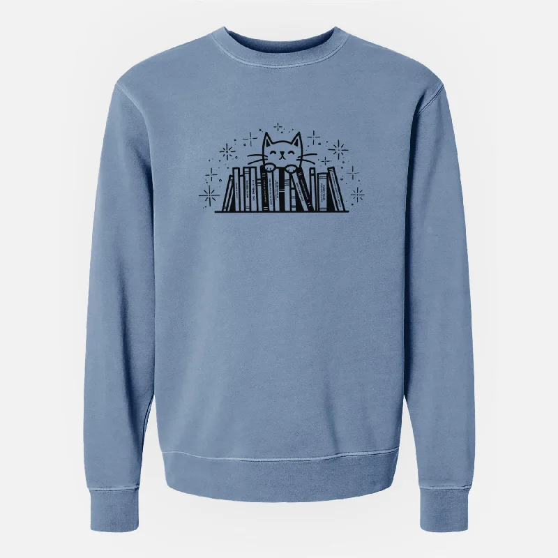 Kitty Library - Feline Behind Books - Unisex Pigment Dyed Crew Sweatshirt Stylish Hoodies Collection