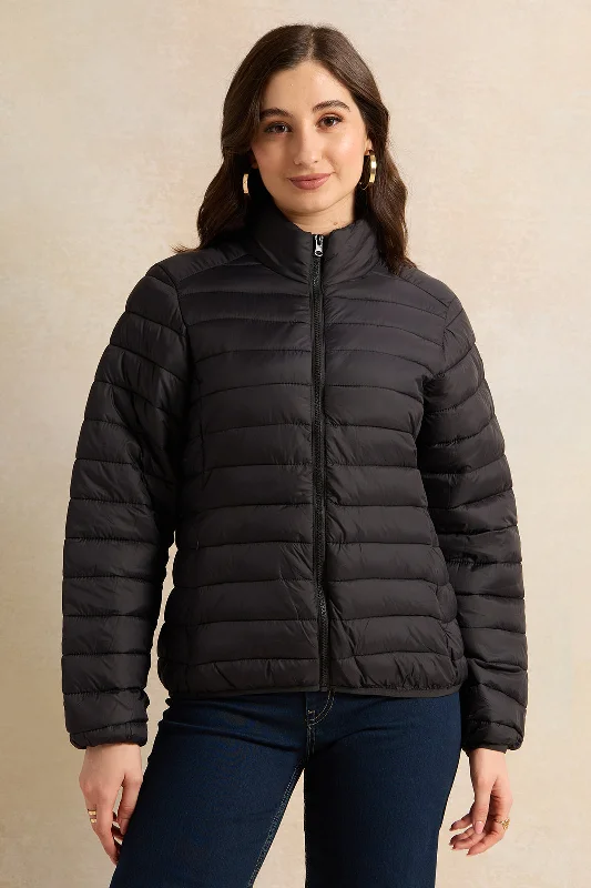 Women Black Textured Jacket Women's mid-range jackets