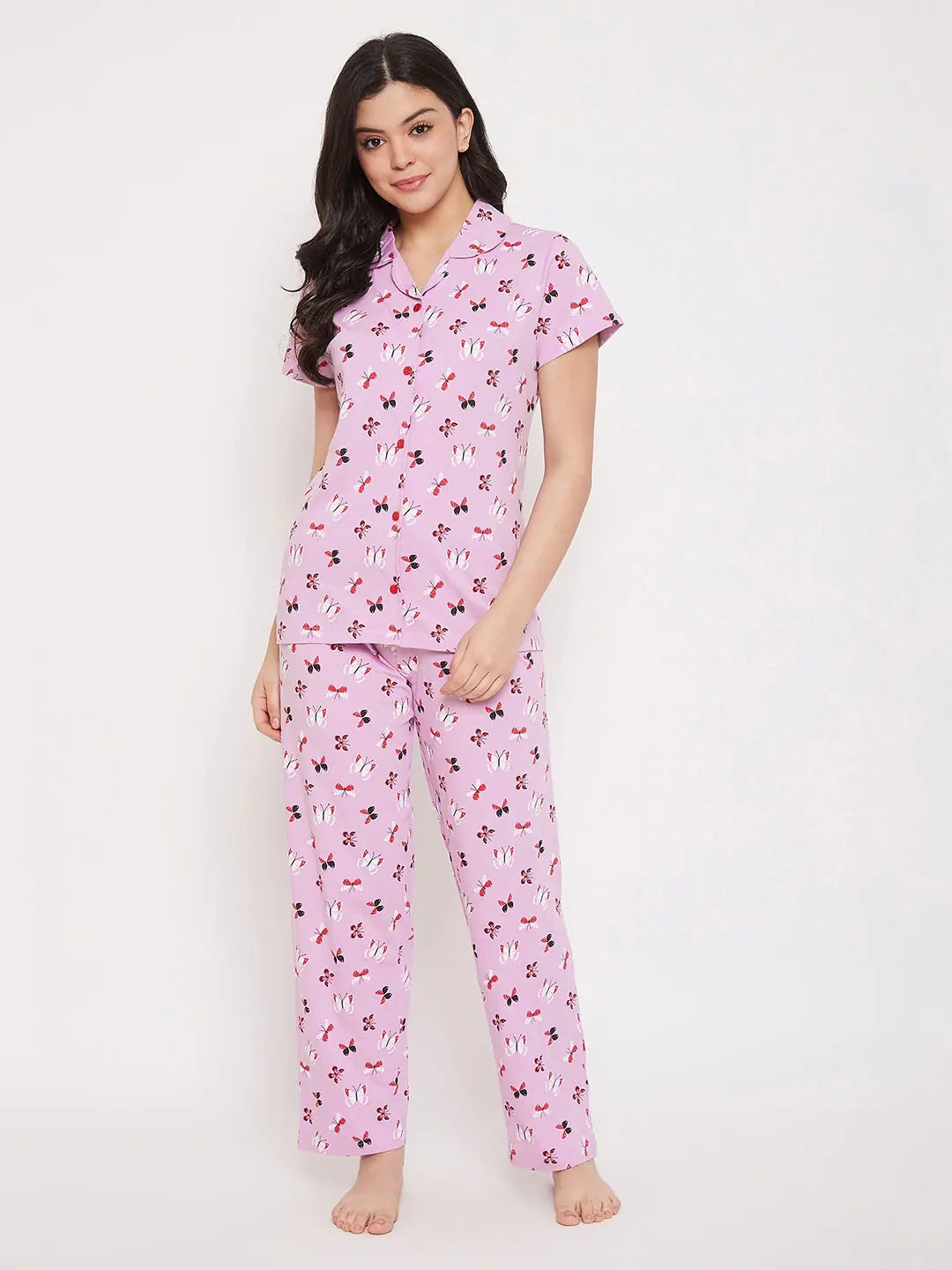 Clovia Butterfly Button Me Up Shirt & Pyjama in Lilac - 100% Cotton Two-piece pajama sets