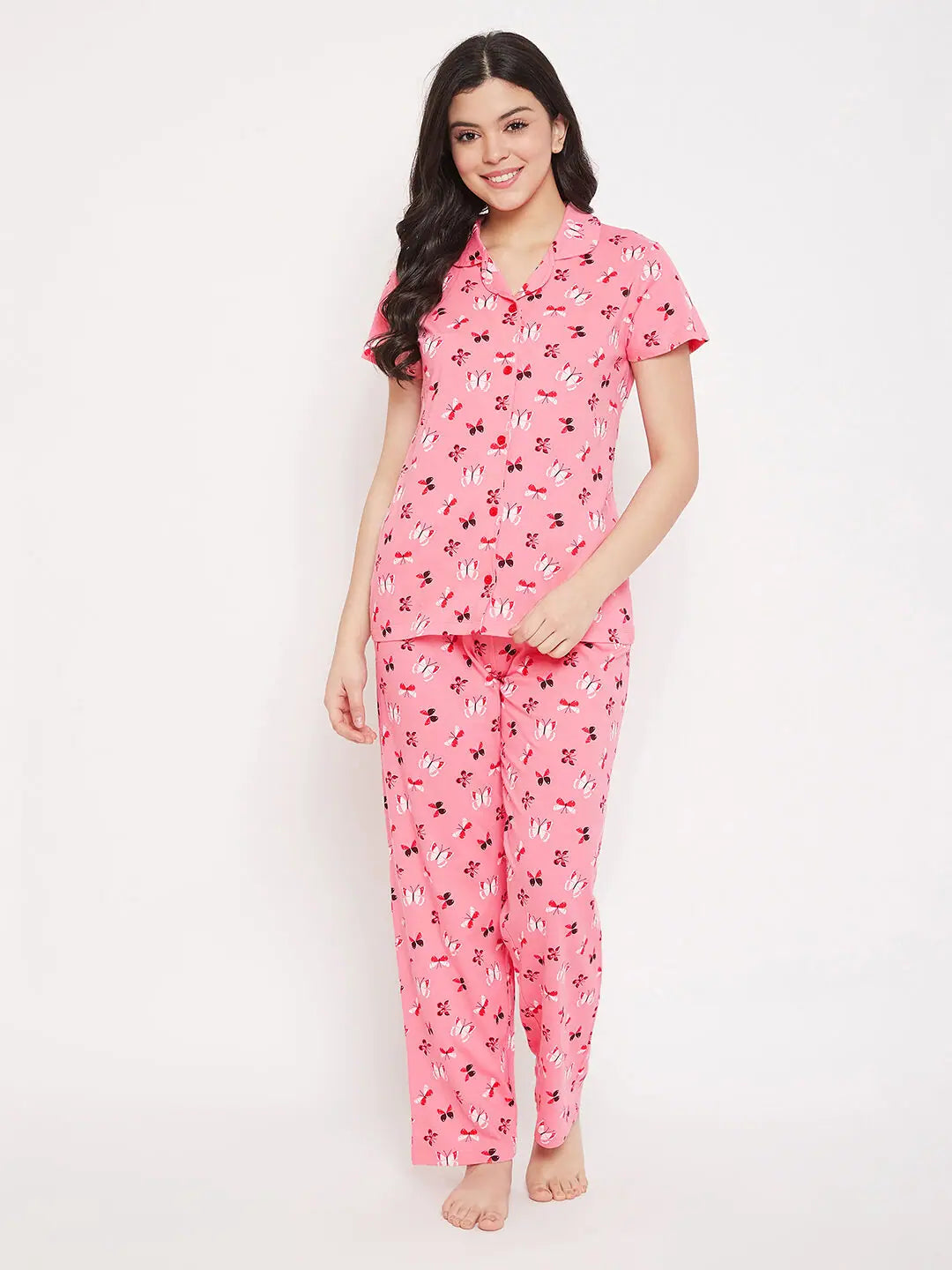 Clovia Butterfly Button Me Up Shirt & Pyjama in Peach Pink - 100% Cotton Zara pajama sets