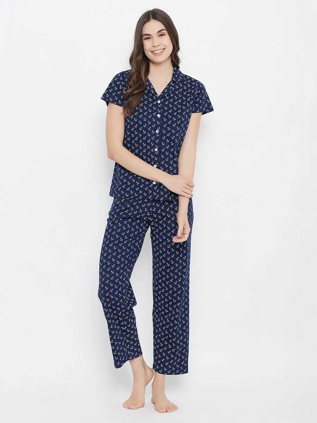 Clovia Button Me Up Anchor Print Shirt & Pyjama Set in Navy- Cotton Shorts pajama sets