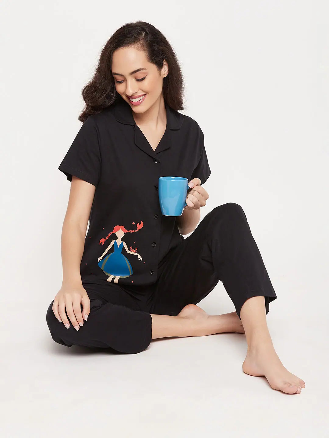 Clovia Cancer Print Button Me Up Shirt & Pyjama Set in Black - 100% Cotton Movie night pajama sets