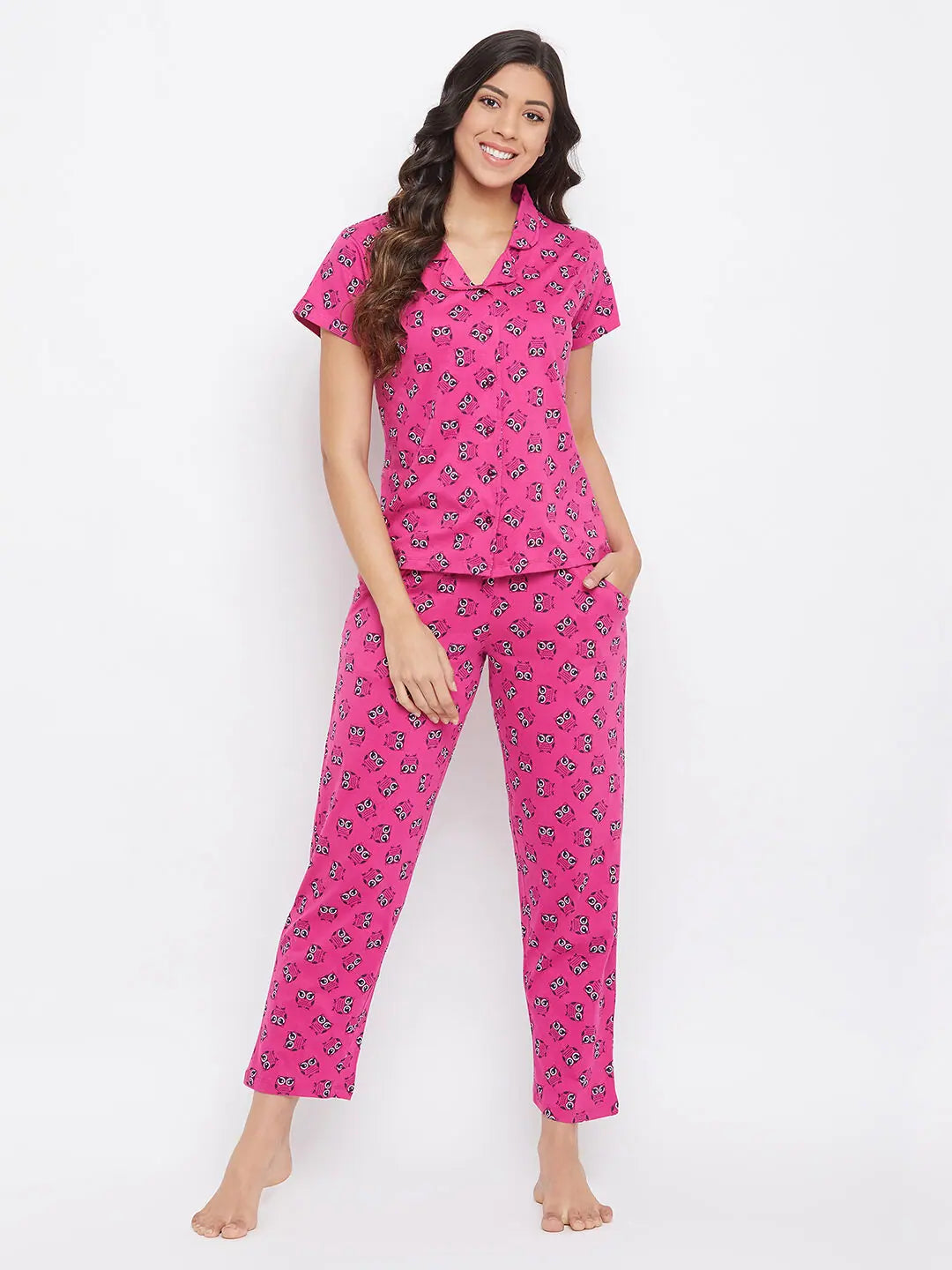 Clovia Owl Print Button Me Up Shirt & Pyjama Set in Magenta - Cotton Rich Nordstrom pajama sets