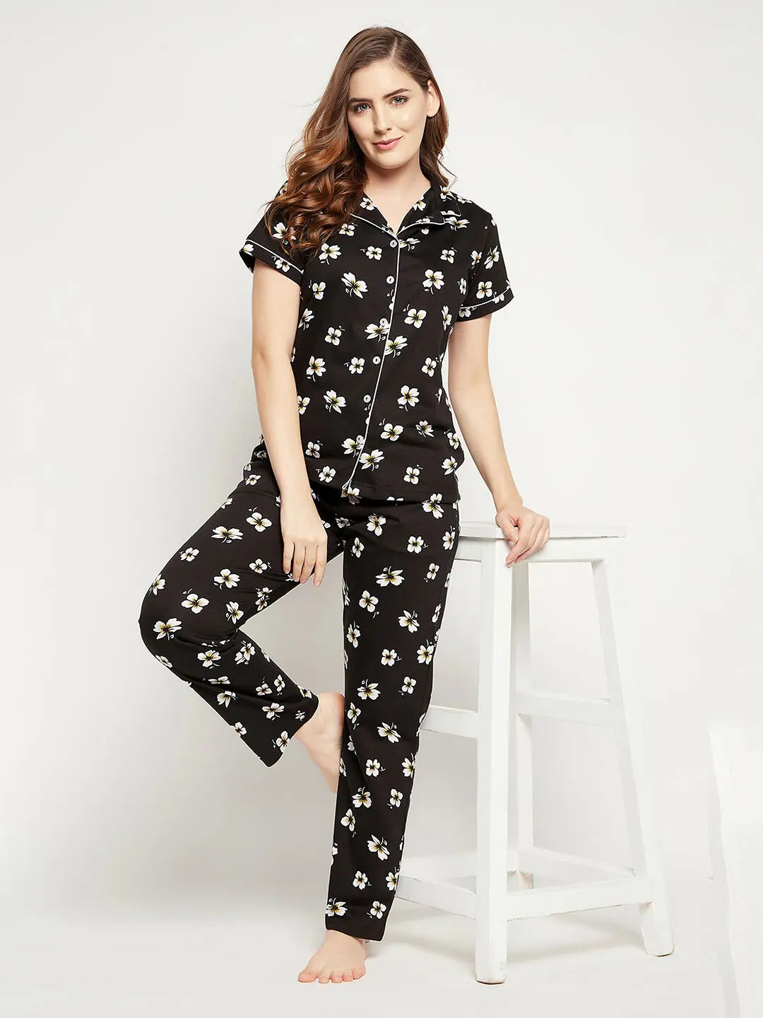 Clovia Pretty Florals Button Me Up Shirt & Pyjama Set in Black - 100% Cotton Nursing pajama sets