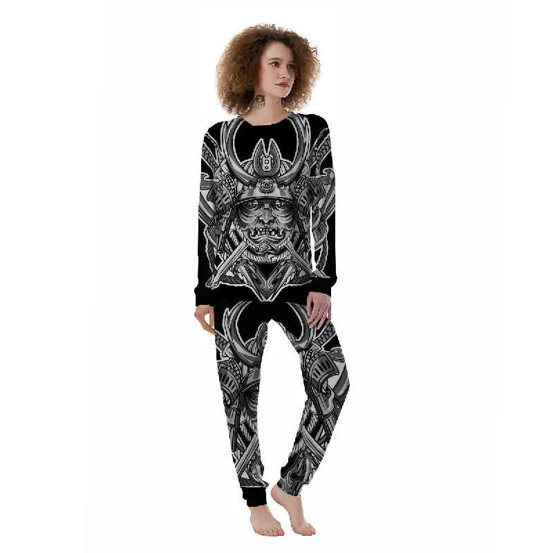 Samurai Mask Silver Print Women's Pajamas Cotton pajama sets