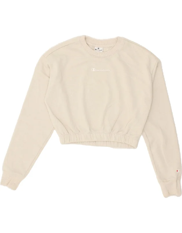 CHAMPION Womens Loose Fit Crop Sweatshirt Jumper UK 10 Small Beige Cotton Moisture-wicking sweaters