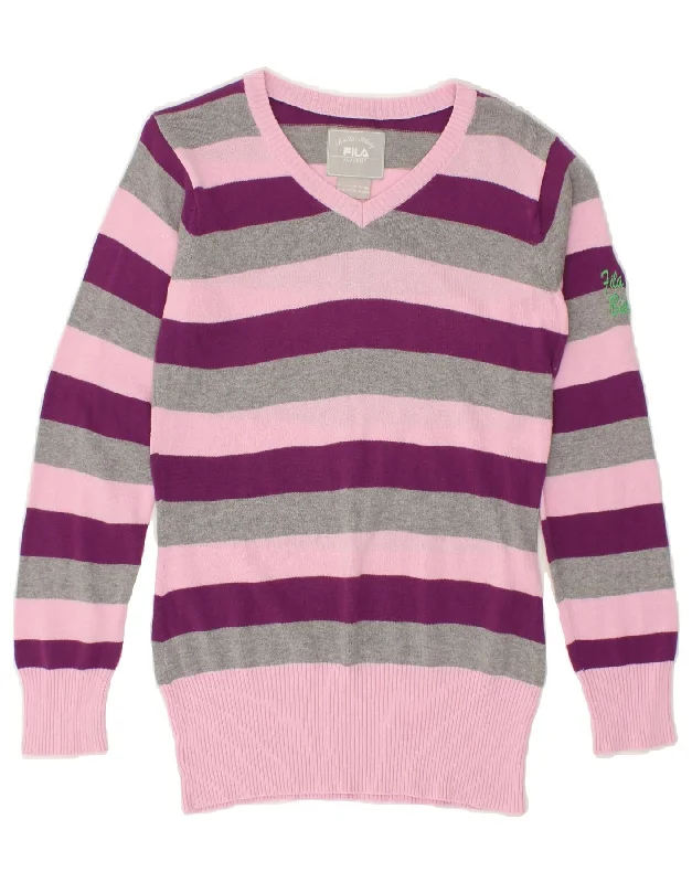 FILA Womens V-Neck Jumper Sweater UK 8 Small Multicoloured Striped Cotton Women's sweaters