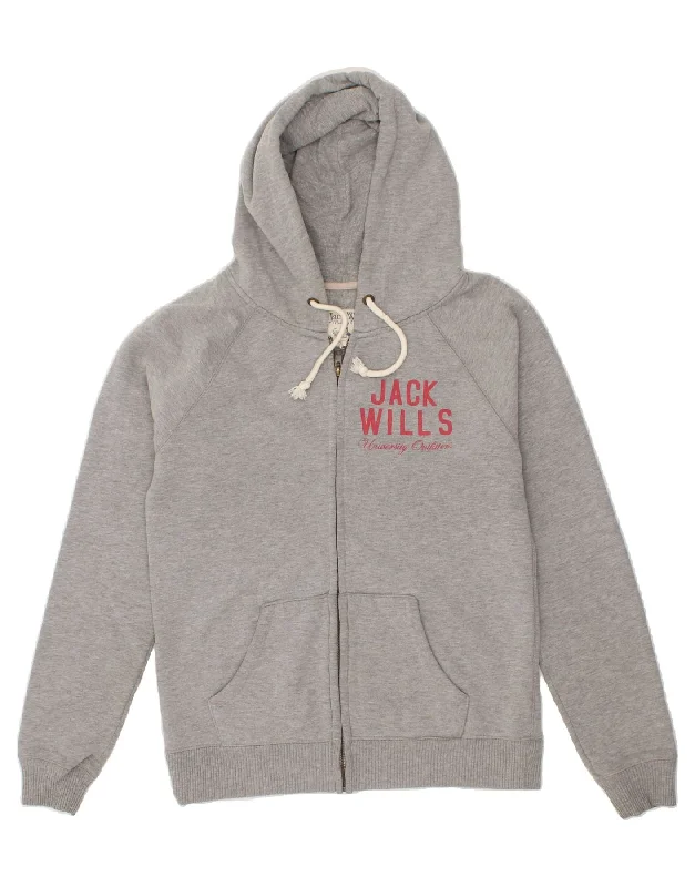 JACK WILLS Womens Graphic Zip Hoodie Sweater UK 14 Large  Grey Cotton Best sweaters for travel