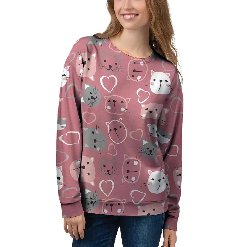 Pink Cat Face Print Women's Sweatshirt Formal sweaters