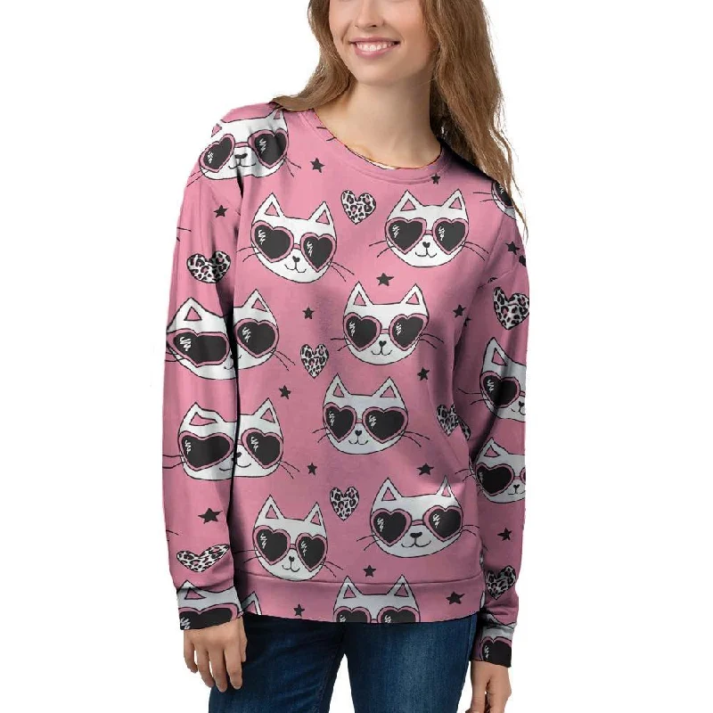 Pink Cat Print Women's Sweatshirt Party sweaters