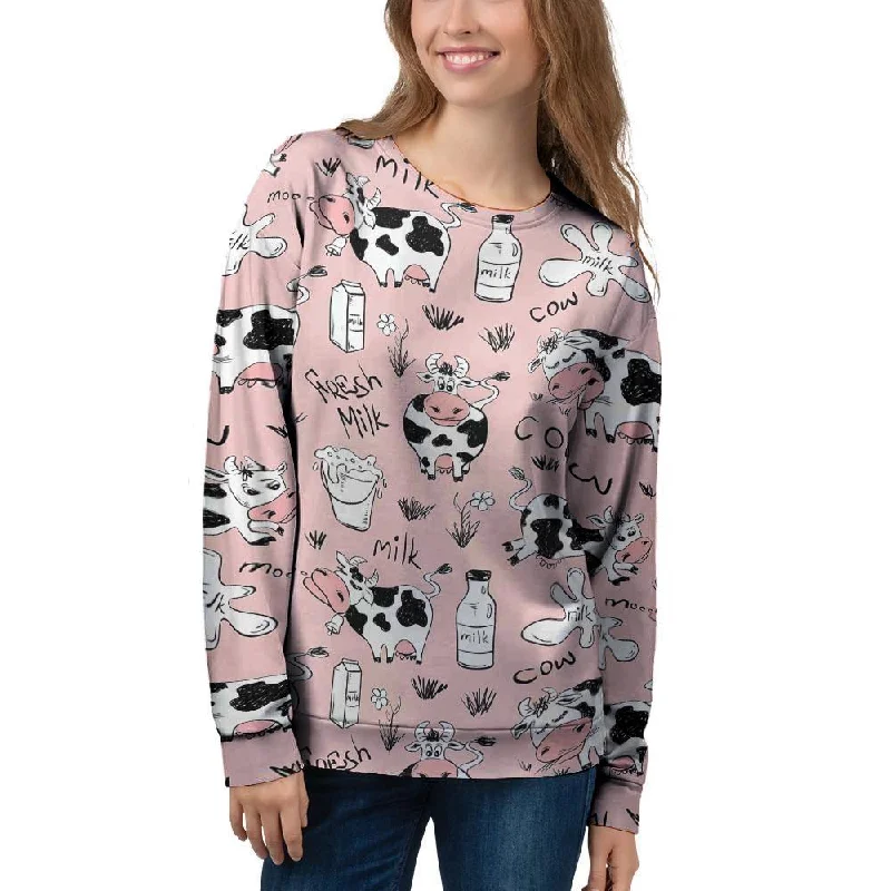 Pink Cow And Milk Print Women's Sweatshirt Breathable sweaters