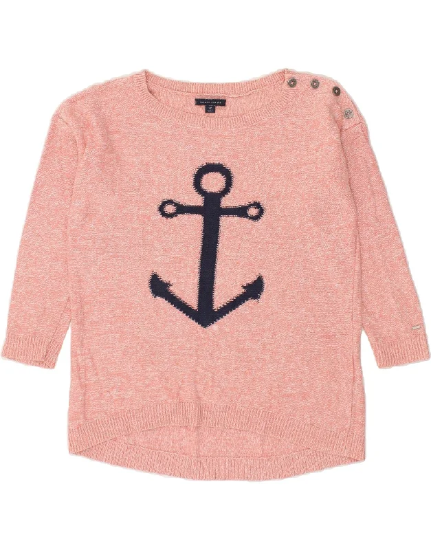 TOMMY HILFIGER Womens Graphic Boat Neck Jumper Sweater UK 10 Small Pink Sporty sweaters