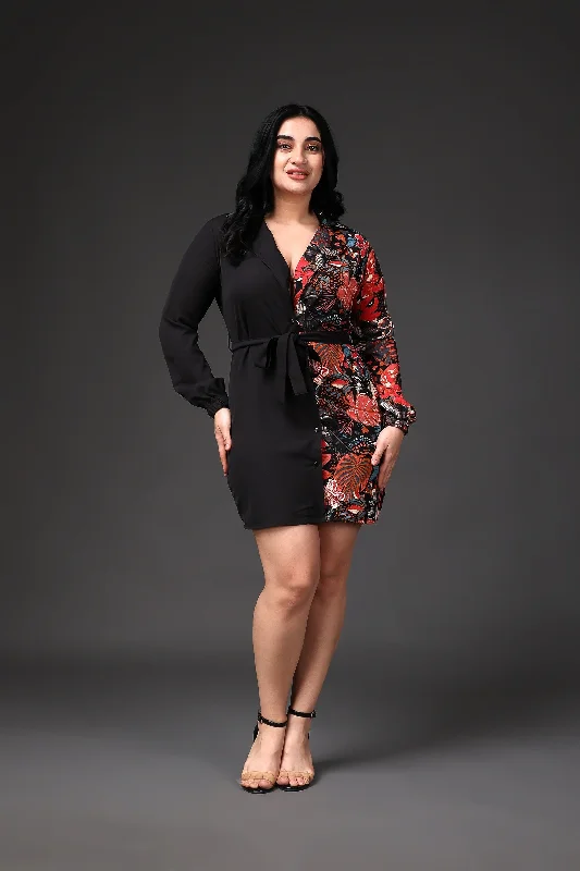 Black Solid Floral Printed Contrast Dress Designer mini dresses