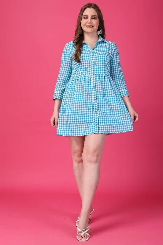 Blue Checked Front Buttoned Dress Cheap mini dresses