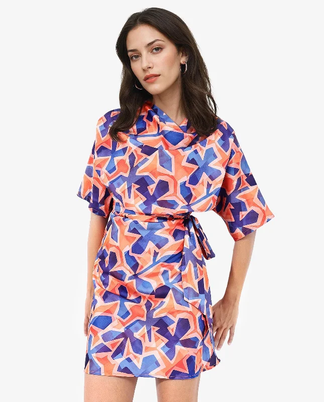 Rareism Women Cagliari Multi Extended Sleeves Boat Neck Zipper Closure A-Line Mini Abstract Print Dress Fashion-forward mini dresses