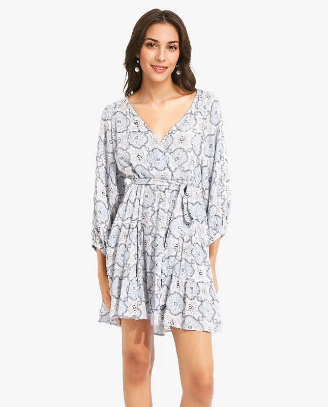 Rareism Women Mage Light Blue Raglan Sleeves Over Lap Neck Fit And Flare Mini Abstract Print Dress Date night mini dresses