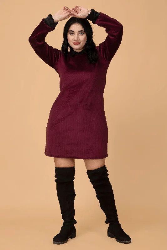 Maroon Solid Ribbed Knit Dress Vacation mini dresses