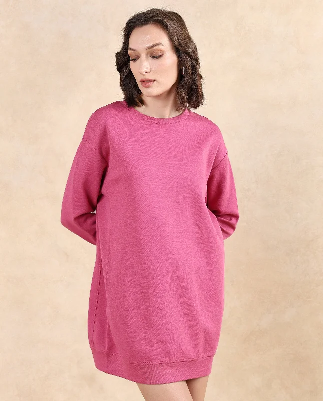 Rareism Women Merchant Dark Pink Full Sleeve Crew Neck Relaxed Fit Mini Plain Dress Sequin mini dresses