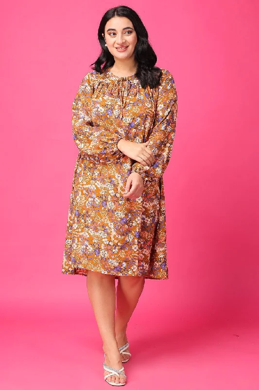 Ochre Floral Printed Dress Flowy mini dresses