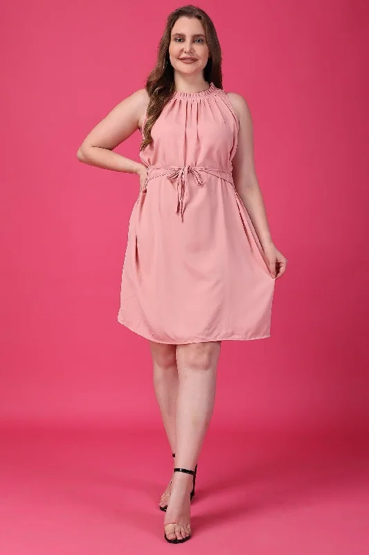 Pink Solid Neck Pleated Dress Anniversary mini dresses