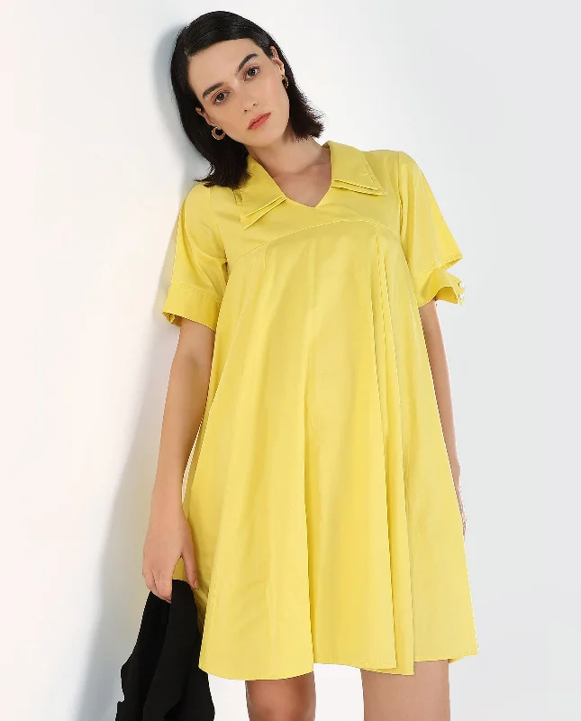 Rareism Women Qurad Yellow Plain Dress Casual mini dresses