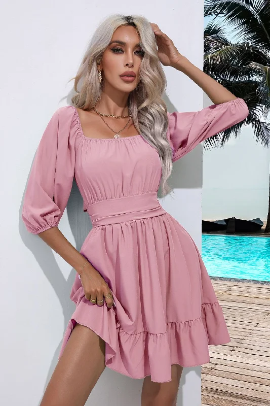 Square Neck Tie Back Ruffle Hem Dress Boohoo mini dresses