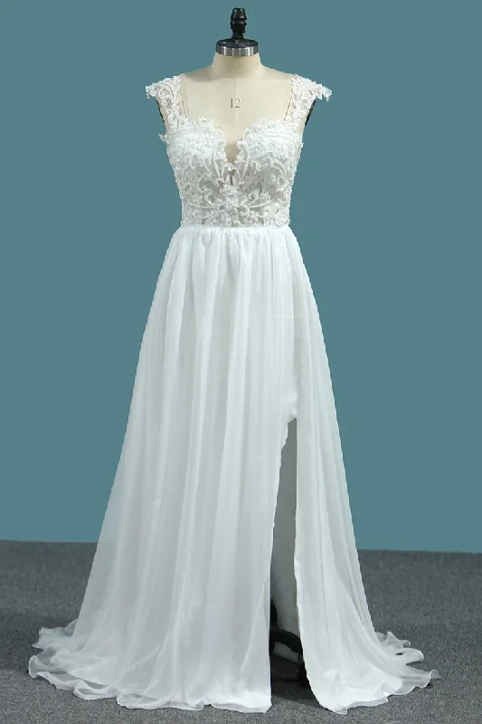 Chiffon A Line Straps Wedding Dresses With Applique And Beads Soft Satin Bridal