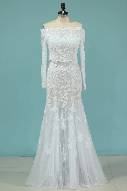 2024 Mermaid Boat Neck Wedding Dresses With Applique Chapel PRJKNSM2 Floral Bridal Gown