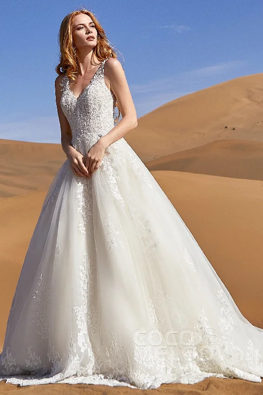 A-Line Court Train Tulle and Lace Wedding Dress LD5813 Beaded Lace Wedding