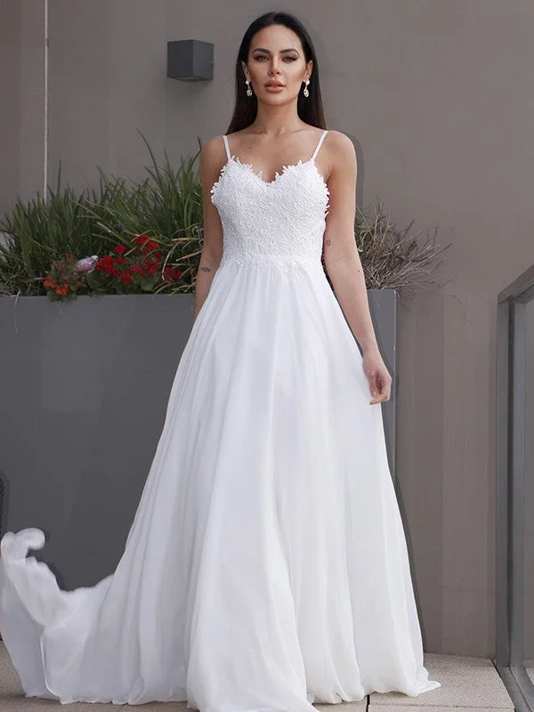 A-Line/Princess Chiffon Applique V-neck Sleeveless Sweep/Brush Train Wedding Dresses Glitter Wedding Dress