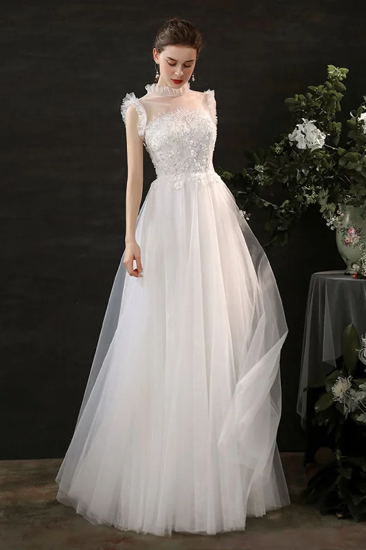 A-Line Sweep-Brush Train Lace Tulle Wedding Dress CW2701 Elegant Lace Gown