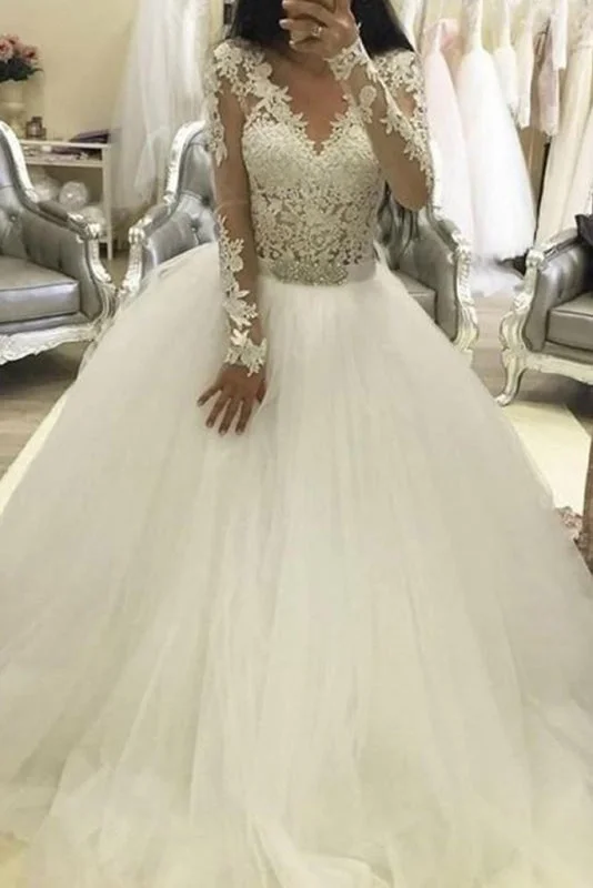 Ball Gown Sleeves V Neck Tulle Princess Long Wedding Dress Sexy Lace Gown