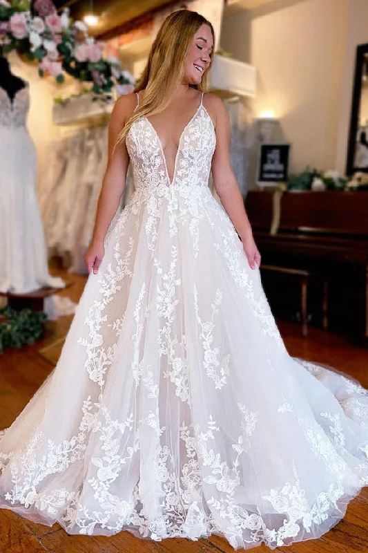 Charming A Line V Neck Tulle Long Wedding Dresses with Lace Princess Bridal Dress