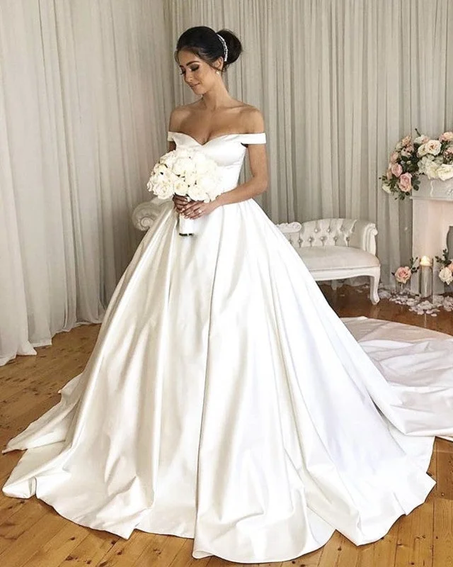 Classic Off Shoulder Satin Wedding Dresses Ball Gowns Open Back Dress