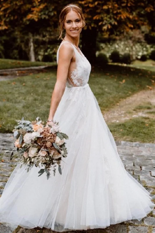 Deep V-Neck Floor-Length Floral A-Line Wedding Dress with Open Back and Tulle Chic Lace Dress