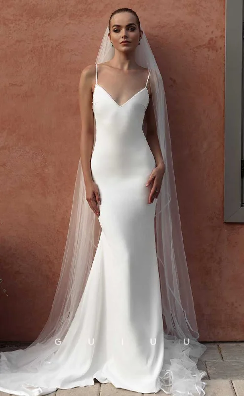 GW840 - Simple & Casual V Neck Straps Criss-Cross Up Mermaid Beach Wedding Dress with Court Train Illusion Neckline Gown