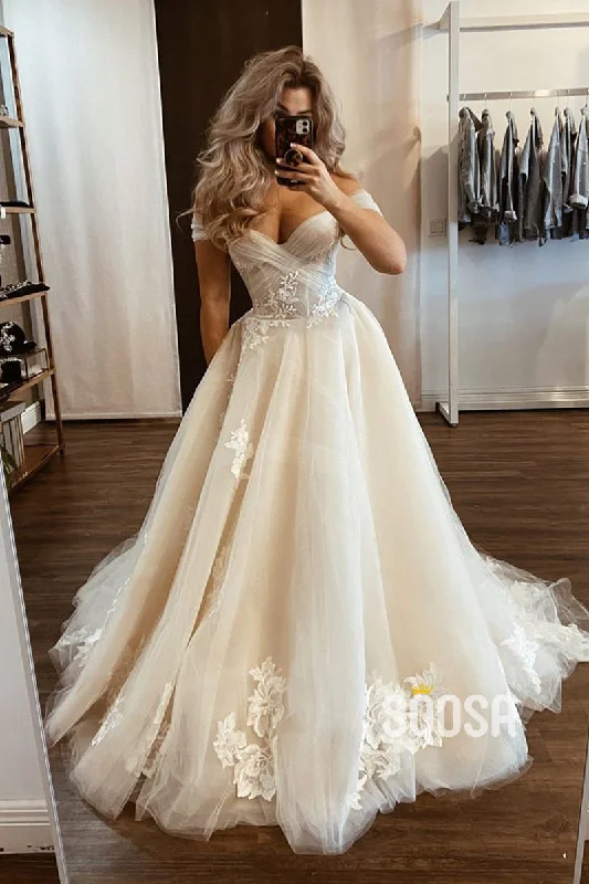 Off the Shoulder Tulle Appliques A-line Wedding Dress QW2665 A-line Bridal Dress