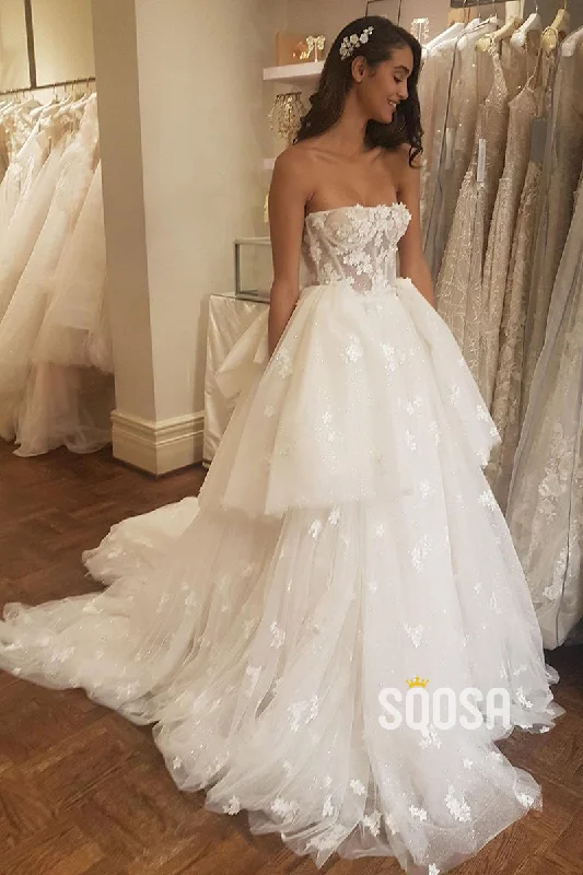 Unique Strapless Tulle Appliques A-line Wedding Dress QW2687 Strapless Wedding Gown