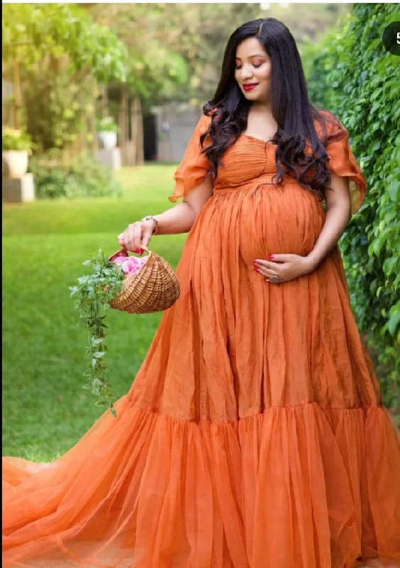 G3041,  Luxury Orange Frill Maternity Shoot Trail  Gown, Size(All)pp Wedding Dress Set