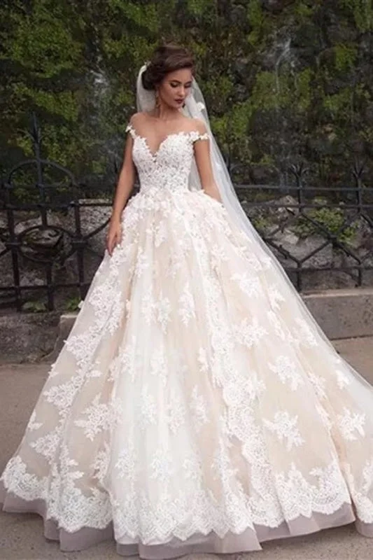 Gorgeous Sheer Neck Cap Sleeves Lace Appliques A Line Wedding Dress Simple Wedding Dress