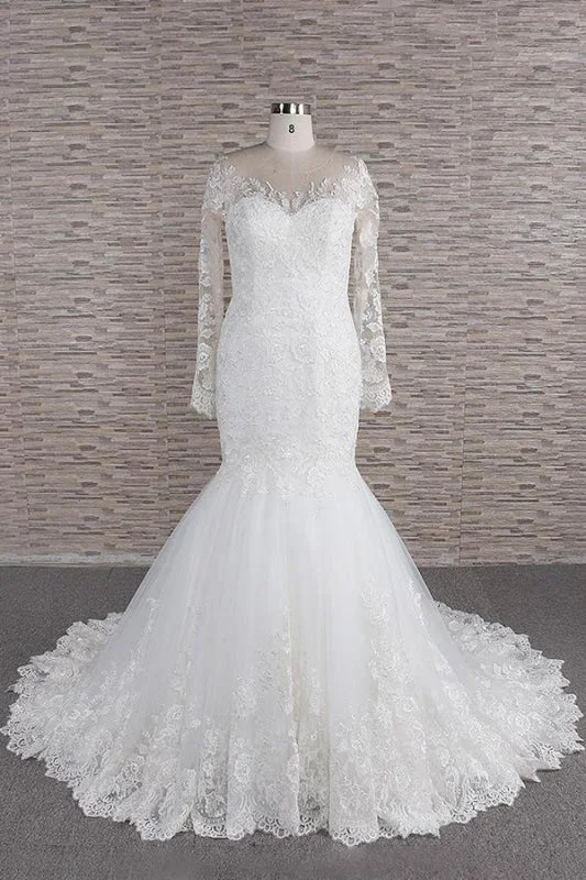 Graceful Appliques Long Sleeve Mermaid Wedding Dress Modern Lace Gown