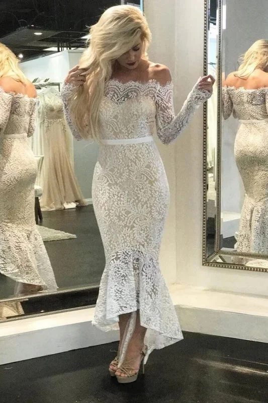 High Low Long Sleeves Mermaid Off the Shoulder Lace Wedding Dress Strapless Lace Dress